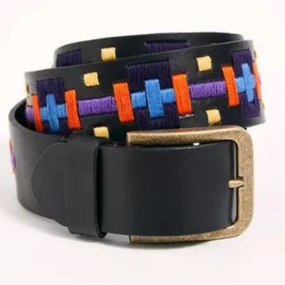 Free People Black Leather Belt with Multicolor Embroidered Trim